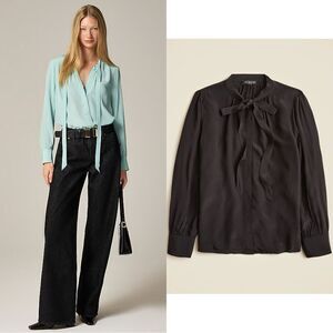 NWT J CREW Tie-neck top in crepe de chine in black